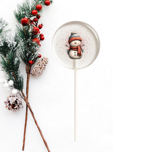Clear isomalt Christmas lollipop with snowman design