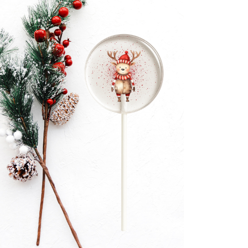 Holiday lollipop with cute reindeer wearing red hat
