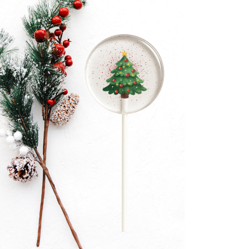 Clear lollipop with decorated Christmas tree inside