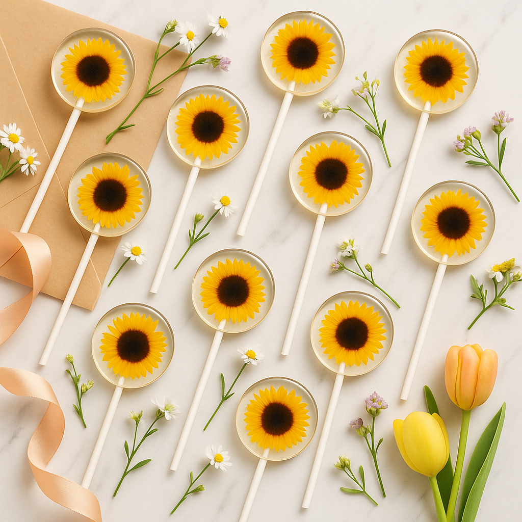 Clear Sunflower Candy Lollipops, Floral Favors