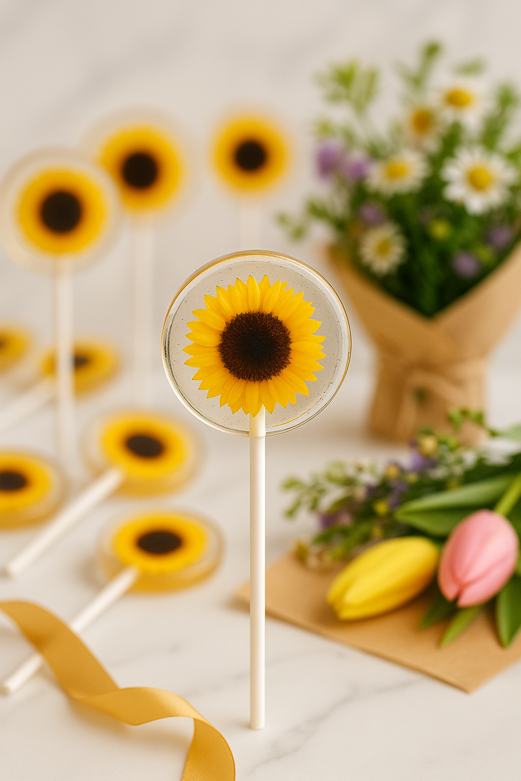 Clear Sunflower Candy Lollipops, Floral Favors