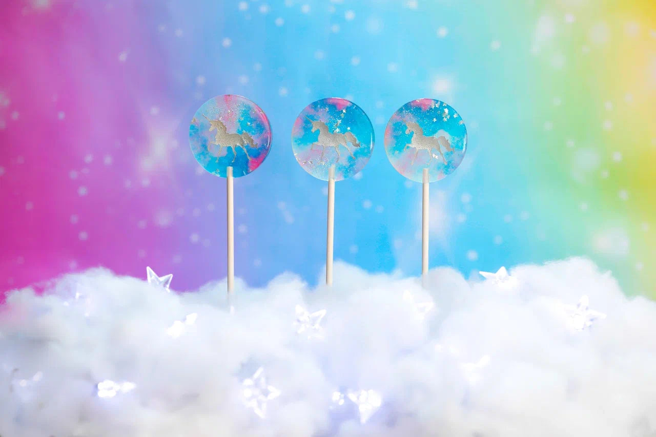Clear isomalt unicorn lollipops with edible glitters, individually wrapped

Unicorn party favor lollipops, 2 inch with 6 inch sticks