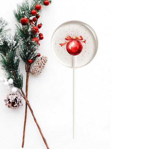 Clear lollipop with red Christmas ornament and ribbon