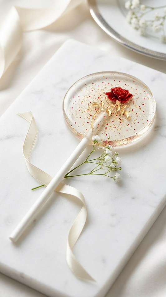 Rose Wedding Lollipop (Gold Flake & Red Rose Design)